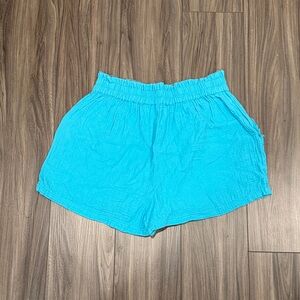 Women's Turquoise linen Elastic-Waist Shorts